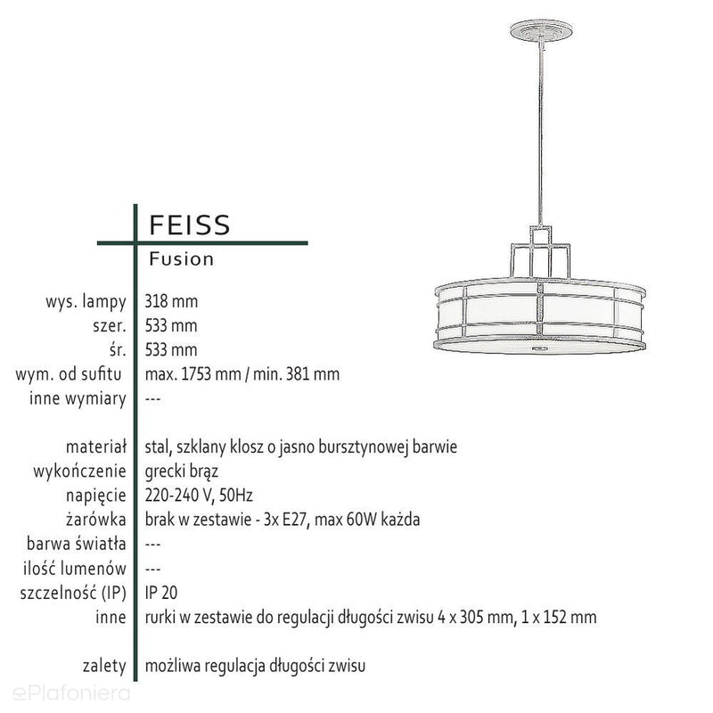 Lampa w stylu retro wisząca 53cm do salonu kuchni sypialni (3xE27) Feiss (Fusion)