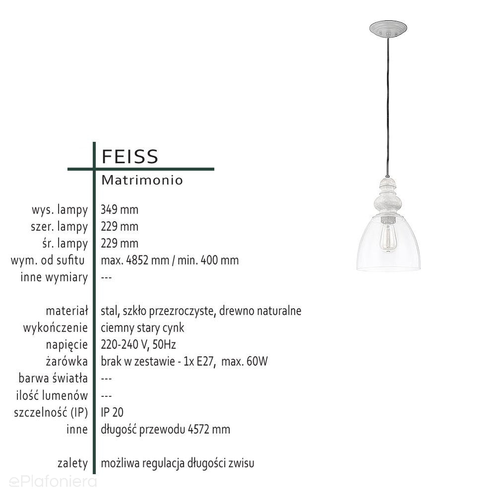 Lampa wisząca 23cm (szklana - drewno) do sypialni salonu kuchni (1xE27) Feiss (Matrimonio)