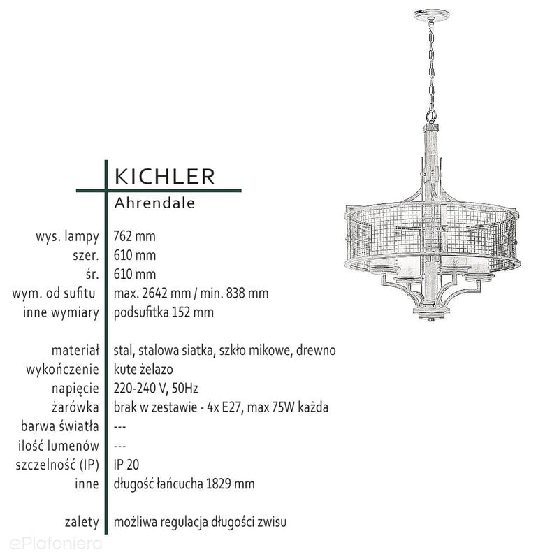 Lampa wisząca 61cm, metalowa siatka - kute żelazo, do salonu kuchni sypialni (4xE27) Kichler (Ahrendale)