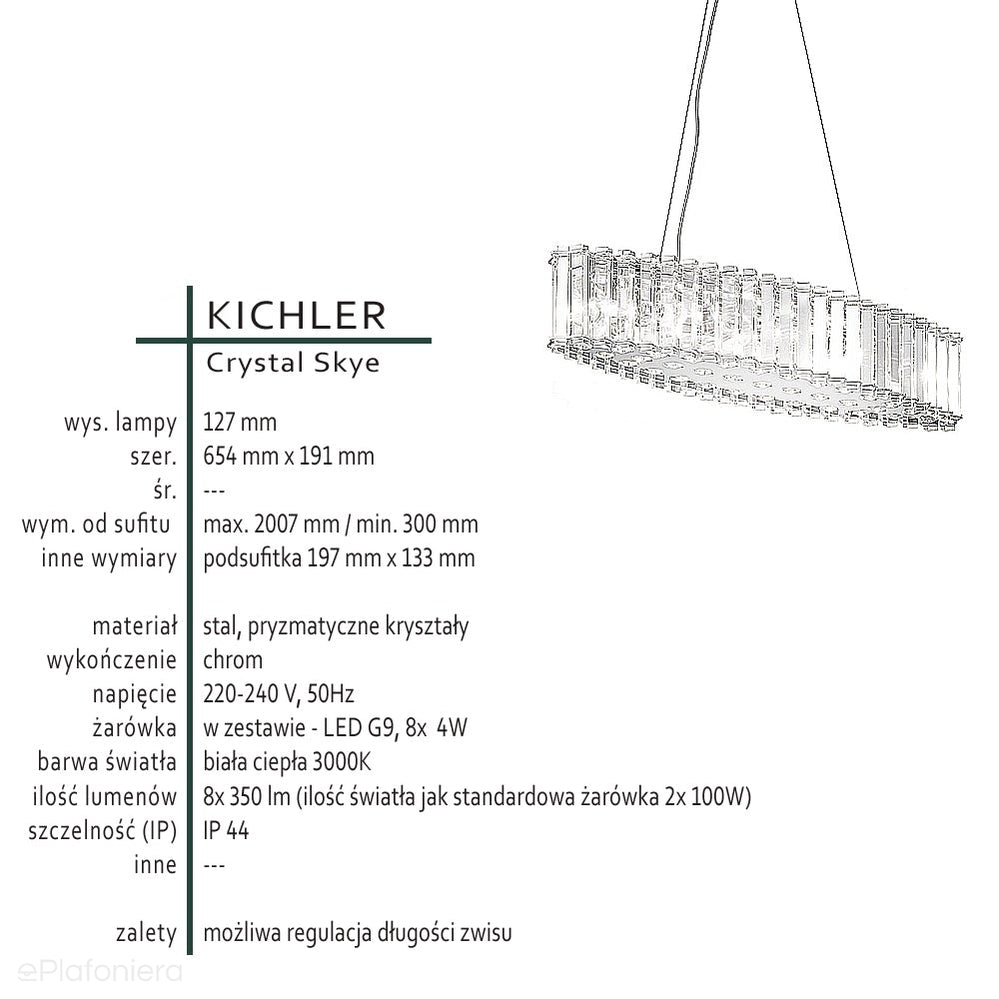 Lampa wisząca chrom - kryształowa (65x19cm) żyrandol do salonu kuchni sypialni (G9 8x4W) Kichler (Crystal)