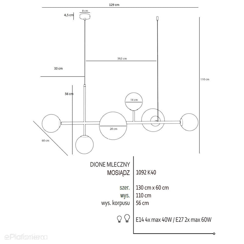 Lampa wisząca Dione 6 Brass, mosiądz - Aldex, 1092K40 (4xE14/2xE27)