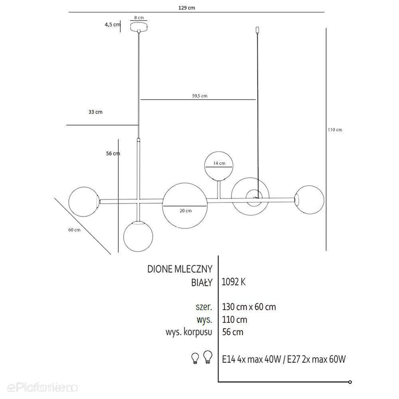 Lampa wisząca Dione 6 White - Aldex, 1092K, zawiesie białe (4xE14/2xE27)