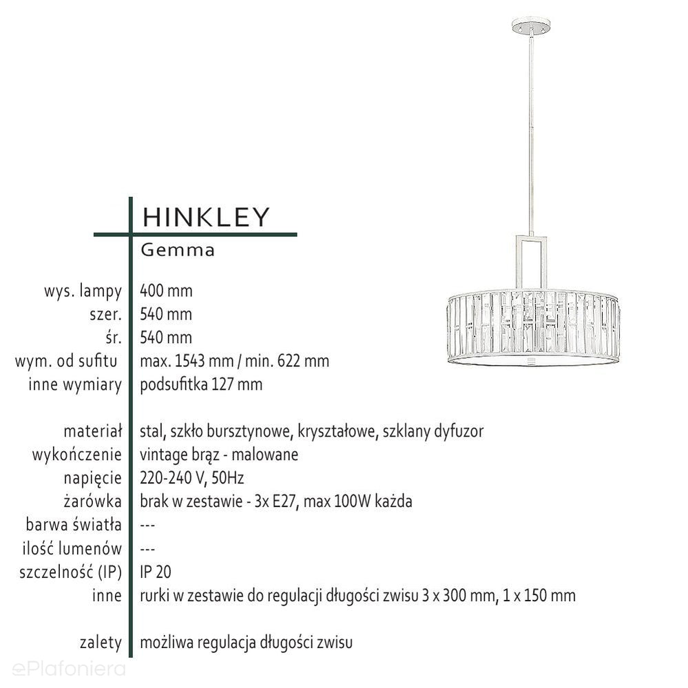 Lampa wisząca Gemma w stylu pałacowym - Hinkley (vintage brąz, bursztyn, kryształy / 54 cm / 3xE27)