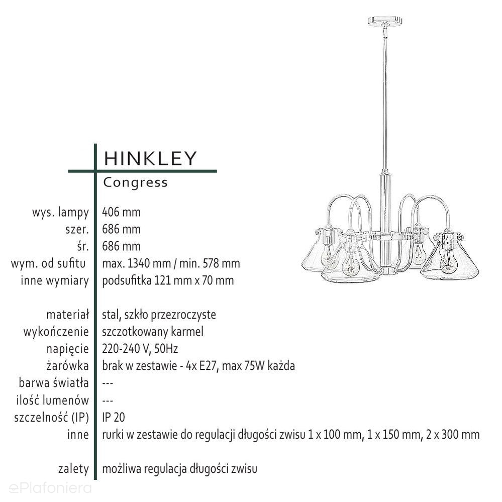 Lampa wisząca (karmel) żyrandol - klosz 20cm do salonu kuchni sypialni (4xE27) Hinkley (Congress)