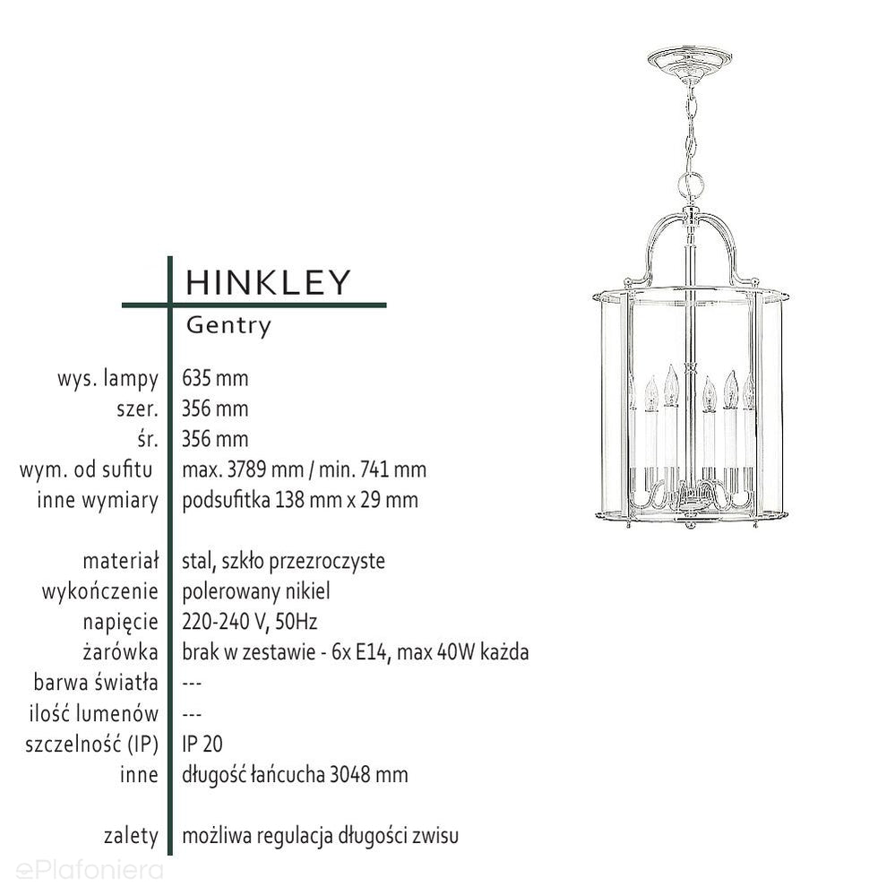 Lampa wisząca latarnia Gentry (nikiel) do jadalni / salonu - Hinkley, 35cm / 6xE14