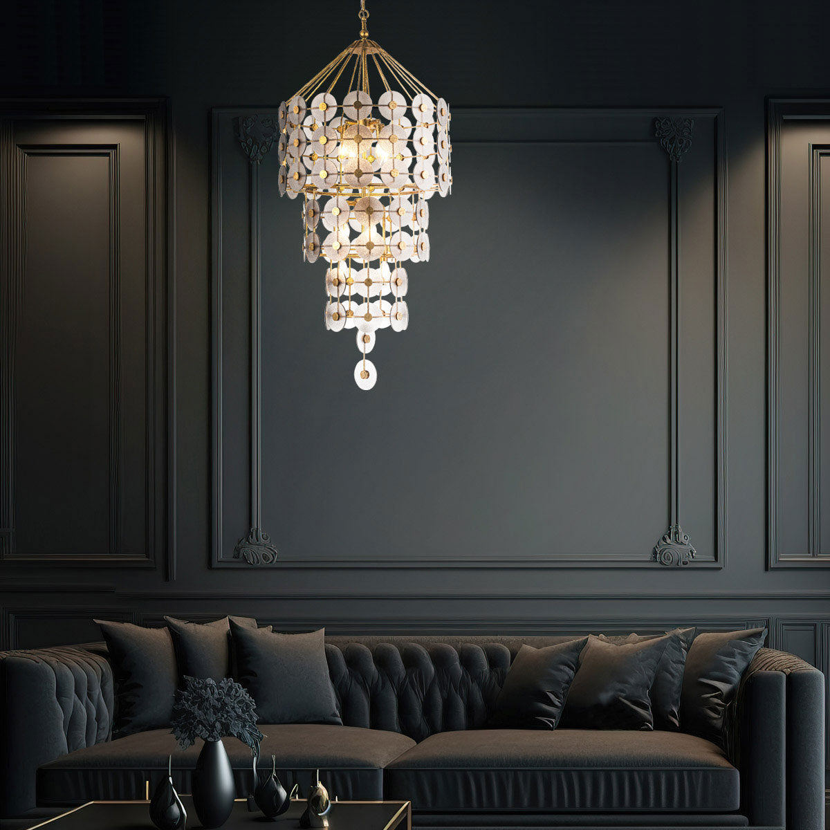Lampa wisząca Meridian - 9 źródeł światła - Przecierane złoto, Quintiesse - ePlafoniera.pl