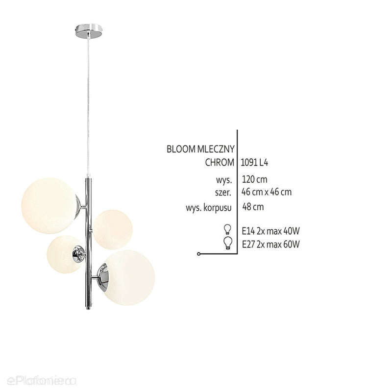 Lampa wisząca pionowy żyrandol, zawiesie chrom, 4 mleczne kule (2xE14/2xE27) Aldex (Bloom) 1091L4