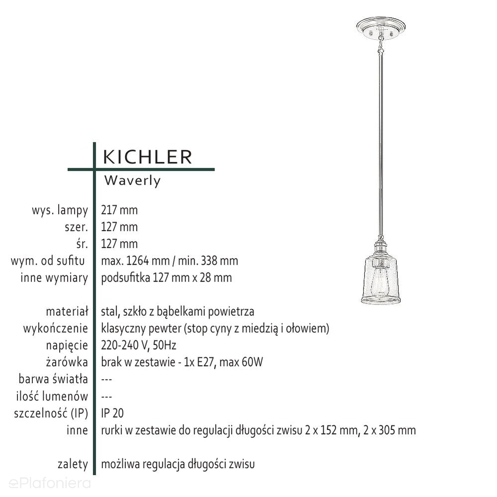 Lampa wisząca pojedyncza - vintage (pewter, 13cm) do kuchni sypialni łazienki (1xE27) Kichler (Waverly)