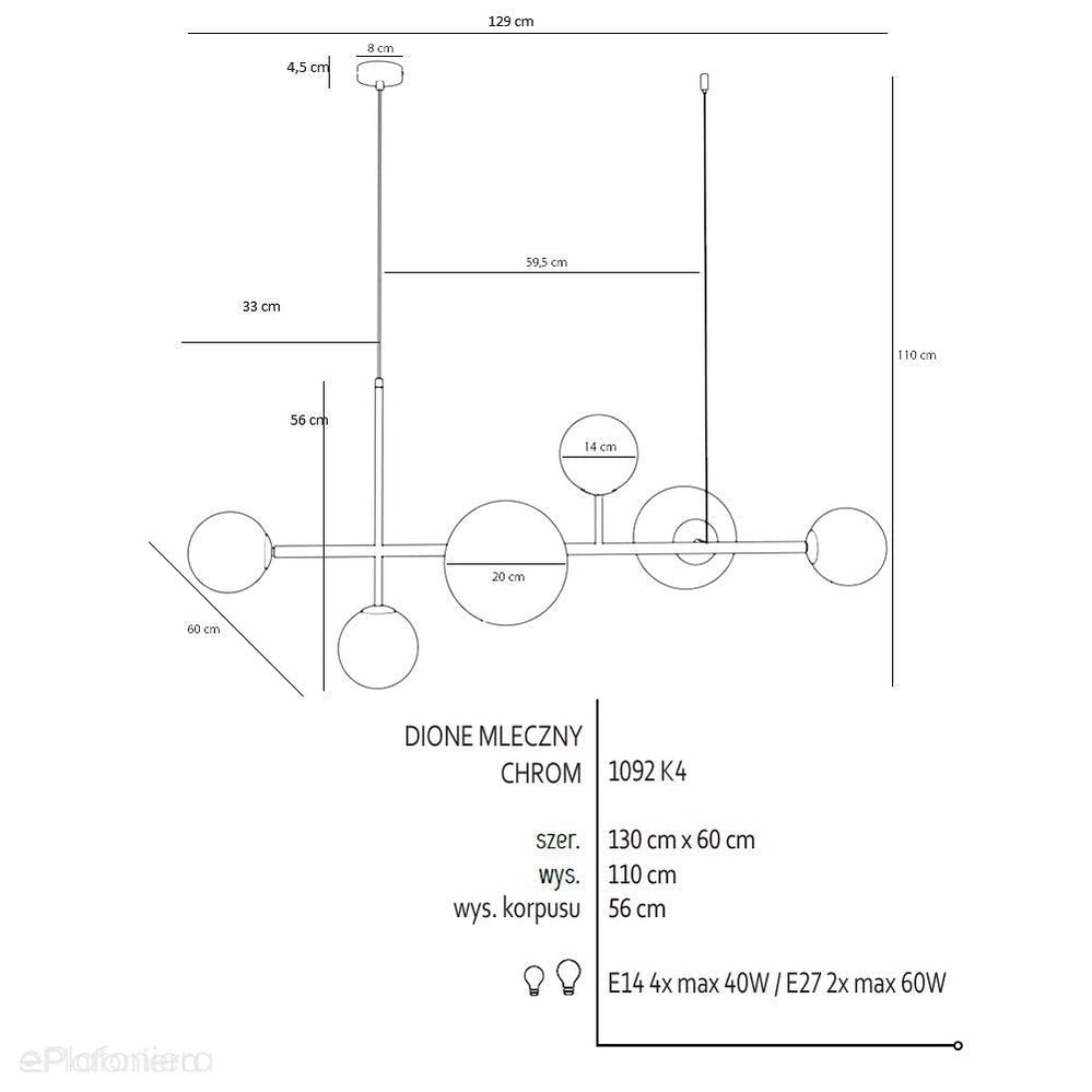 Lampa wisząca poziomy żyrandol, zawiesie chrom, 6 mleczne kule (4xE14/2xE27) Aldex (Dione) 1092K4