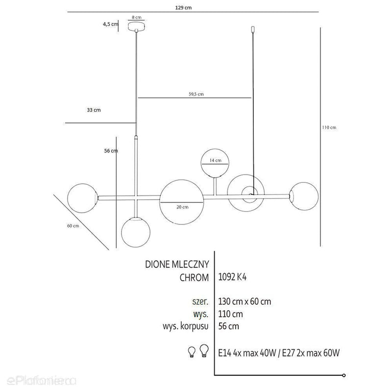 Lampa wisząca poziomy żyrandol, zawiesie chrom, 6 mleczne kule (4xE14/2xE27) Aldex (Dione) 1092K4