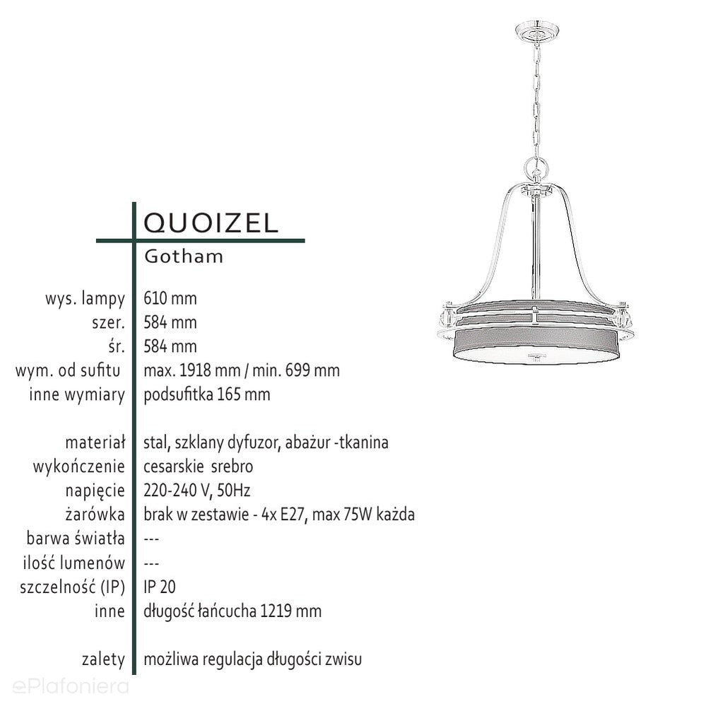 Lampa wisząca srebrna - czarny abażur  (58cm) żyrandol do salonu sypialni jadalni (4xE27) Quoizel (Gotham)