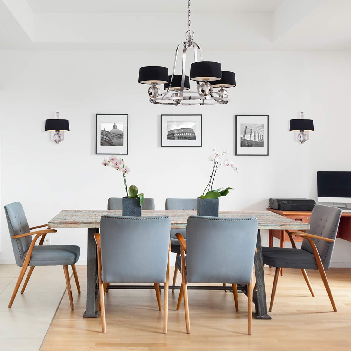 Lampa wisząca srebrna - czarny abażur  (77cm) żyrandol do salonu sypialni jadalni (G9 4x4W) Quoizel (Gotham)