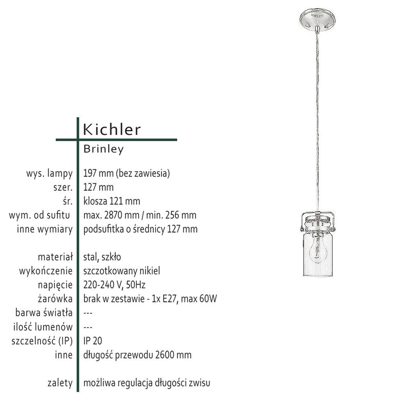 Lampa wisząca szklany klosz (nikiel) do kuchni salonu 1xE27, Kichler (Brinley)