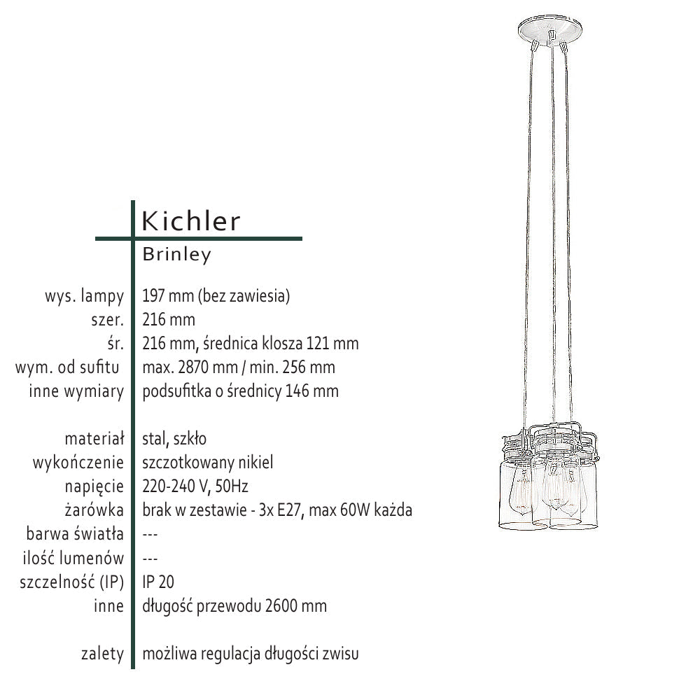 Lampa wisząca szklany klosz (nikiel) do kuchni salonu 3xE27, Kichler (Brinley)