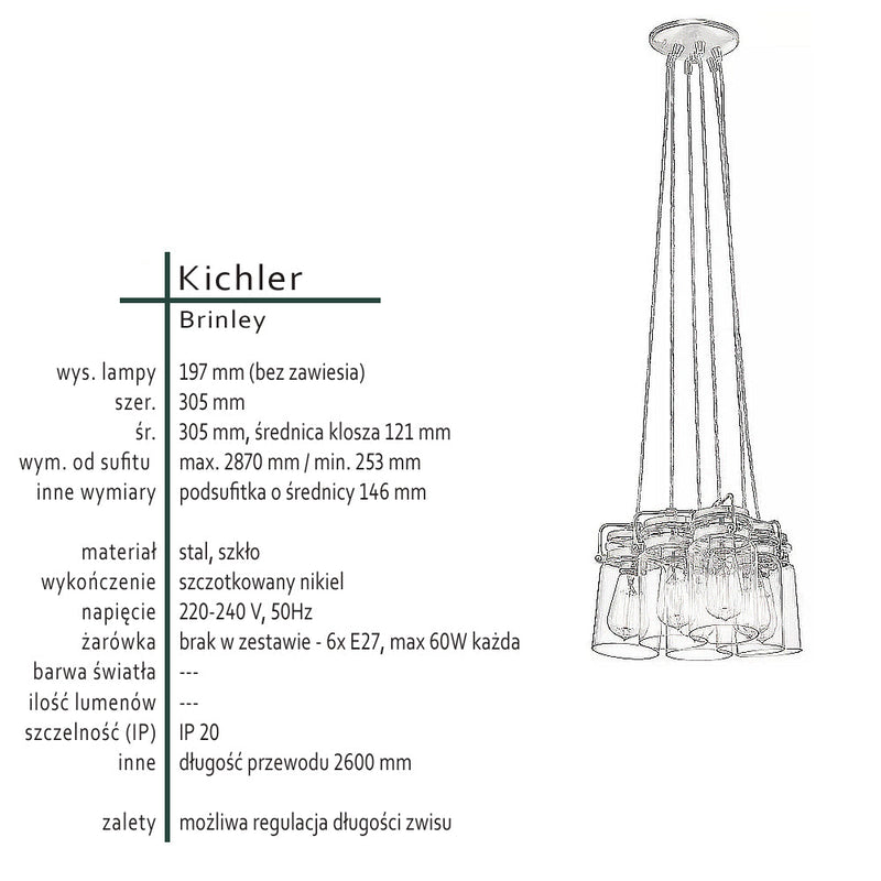 Lampa wisząca szklany klosz (nikiel) do kuchni salonu 6xE27, Kichler (Brinley)