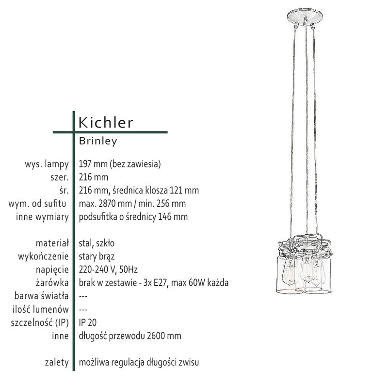 Lampa wisząca szklany klosz (stary brąz) do kuchni salonu 3xE27, Kichler (Brinley)