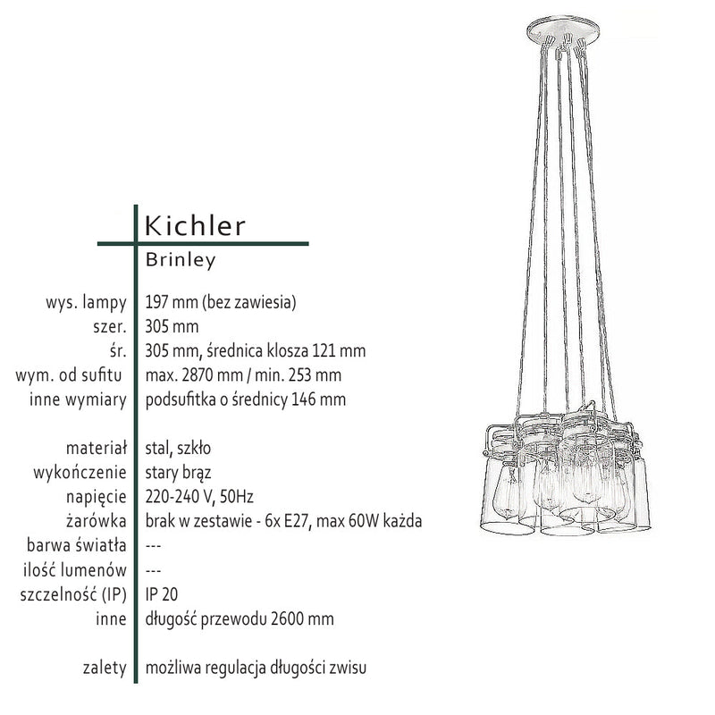 Lampa wisząca szklany klosz (stary brąz) do kuchni salonu 6xE27, Kichler (Brinley)