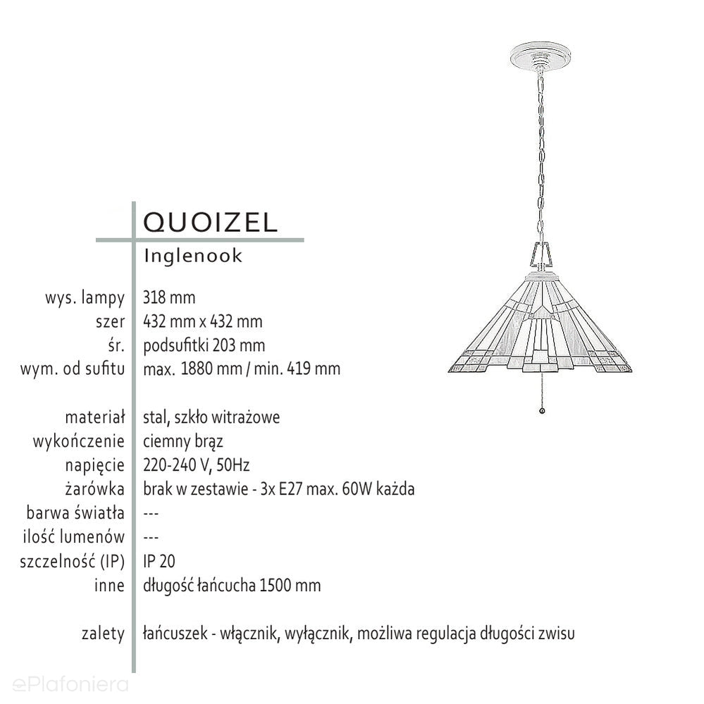 Lampa wisząca w stylu Tiffany, Inglenook, Quoizel