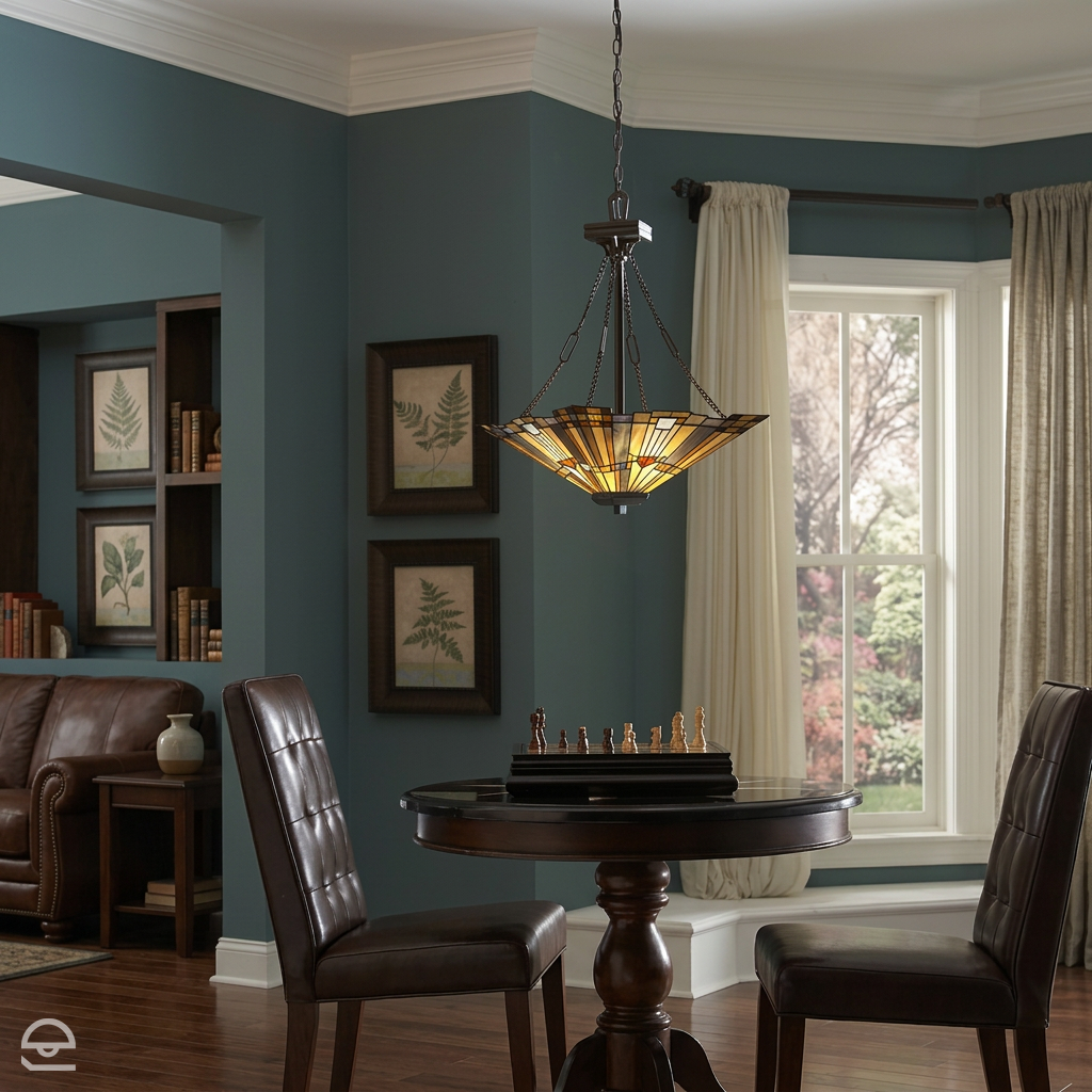 Lampa wisząca w stylu Tiffany ze szkłem witrażowym, Inglenook, Quoizel
