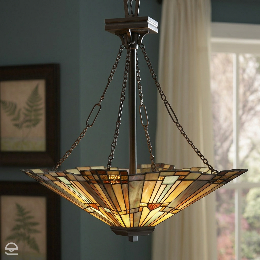 Lampa wisząca w stylu Tiffany ze szkłem witrażowym, Inglenook, Quoizel