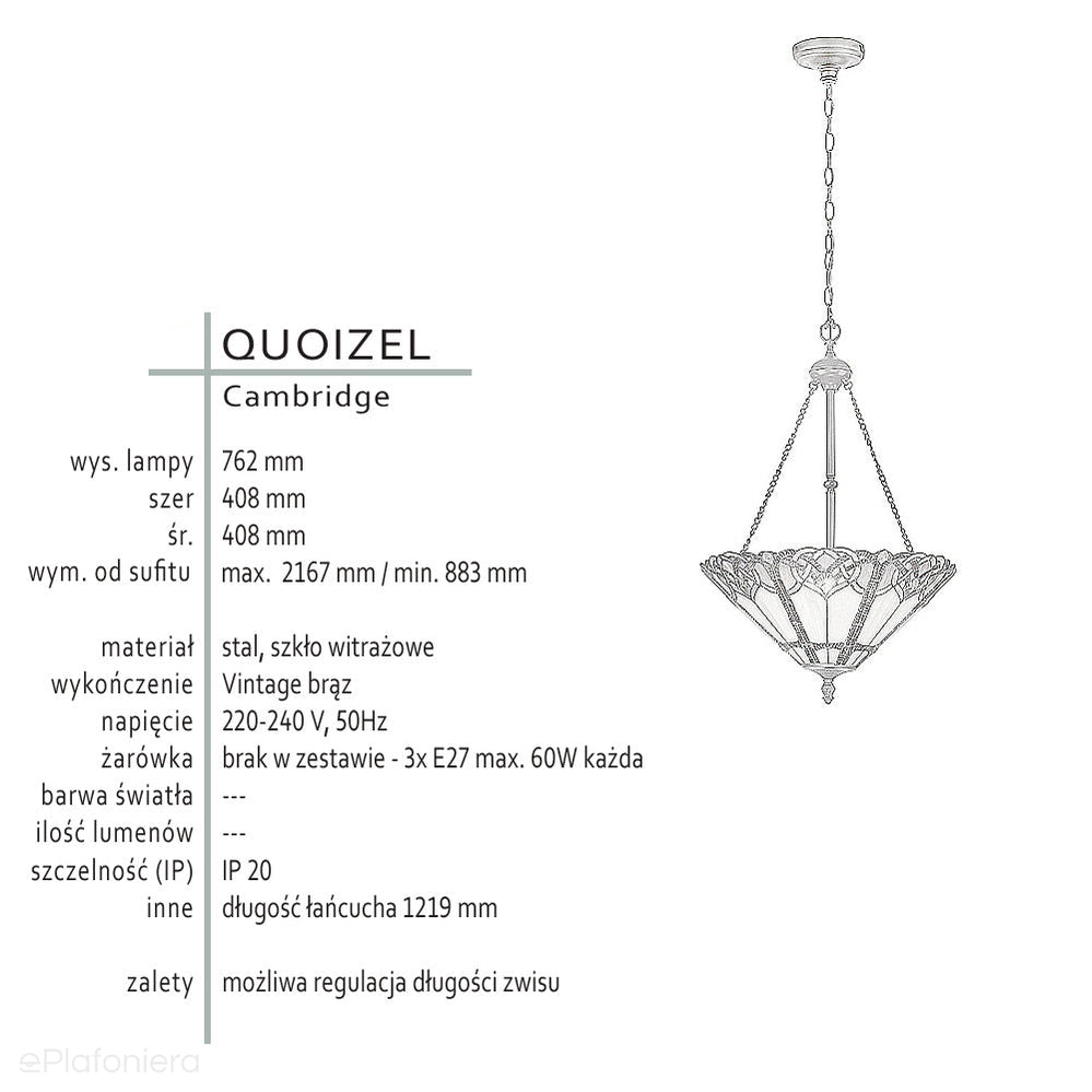 Lampa wisząca witrażowa Tiffany Cambridge, Quoizel