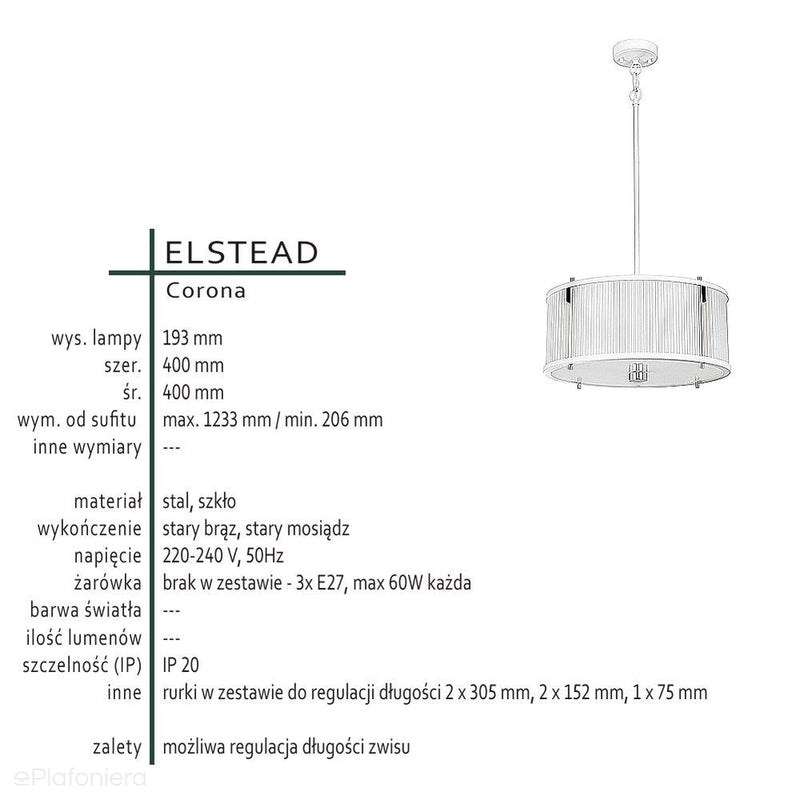 Lampa wisząca z możliwością regulacji, Elstead Lighting (Corona 2 p) - muzealny brąz / 2xE27 lub 3xE27