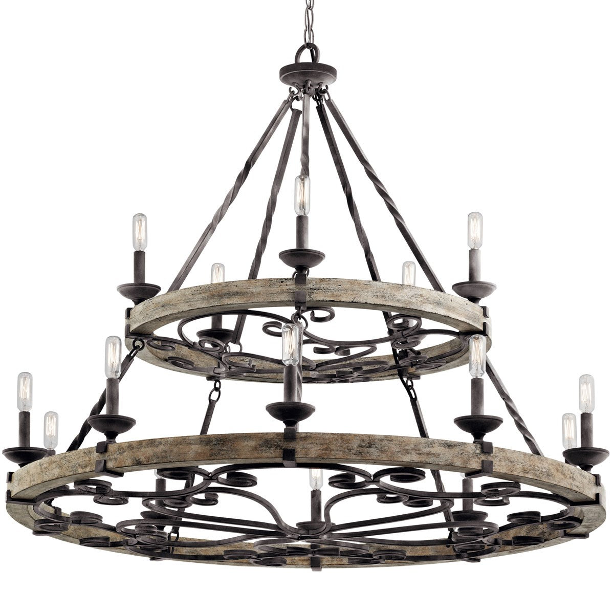 Lampa wisząca - zamkowy żyrandol (drewno, metal, 112cm) do salonu holu (15xE14) Kichler (Taulbee)