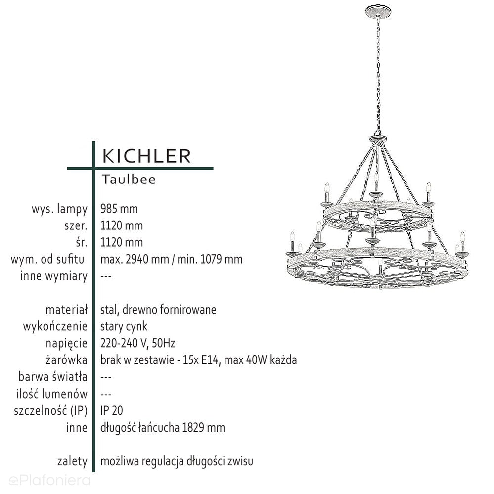 Lampa wisząca - zamkowy żyrandol (drewno, metal, 112cm) do salonu holu (15xE14) Kichler (Taulbee)