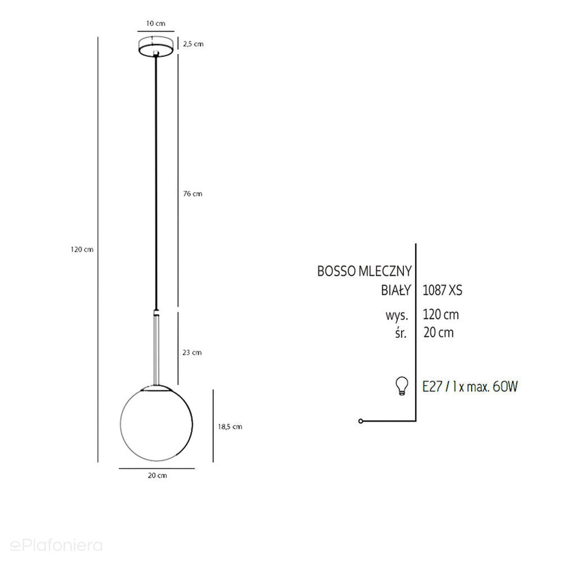 Lampa wisząca, zawiesie białe (20cm) jedna mleczna kula (E27) Aldex (Bosso) 1087XS