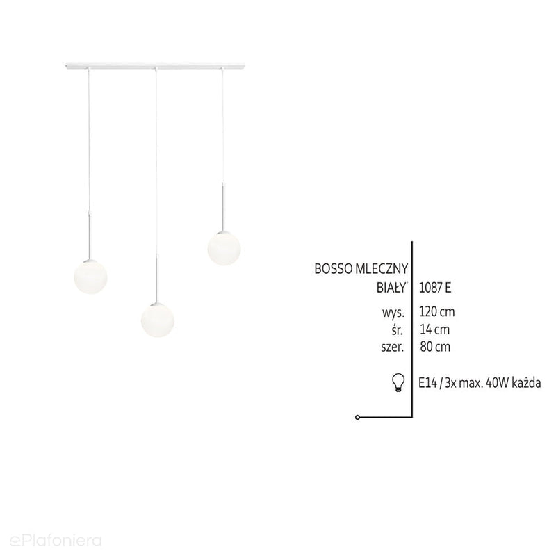 Lampa wisząca, zawiesie białe (3x14cm) trzy mleczne kule (3xE14) Aldex (Bosso) 1087E