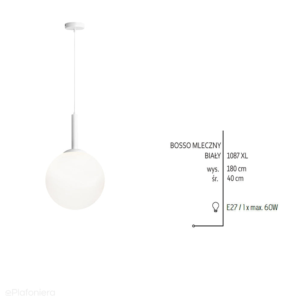 Lampa wisząca, zawiesie białe (40cm) jedna mleczna kula (E27) Aldex (Bosso) 1087XL