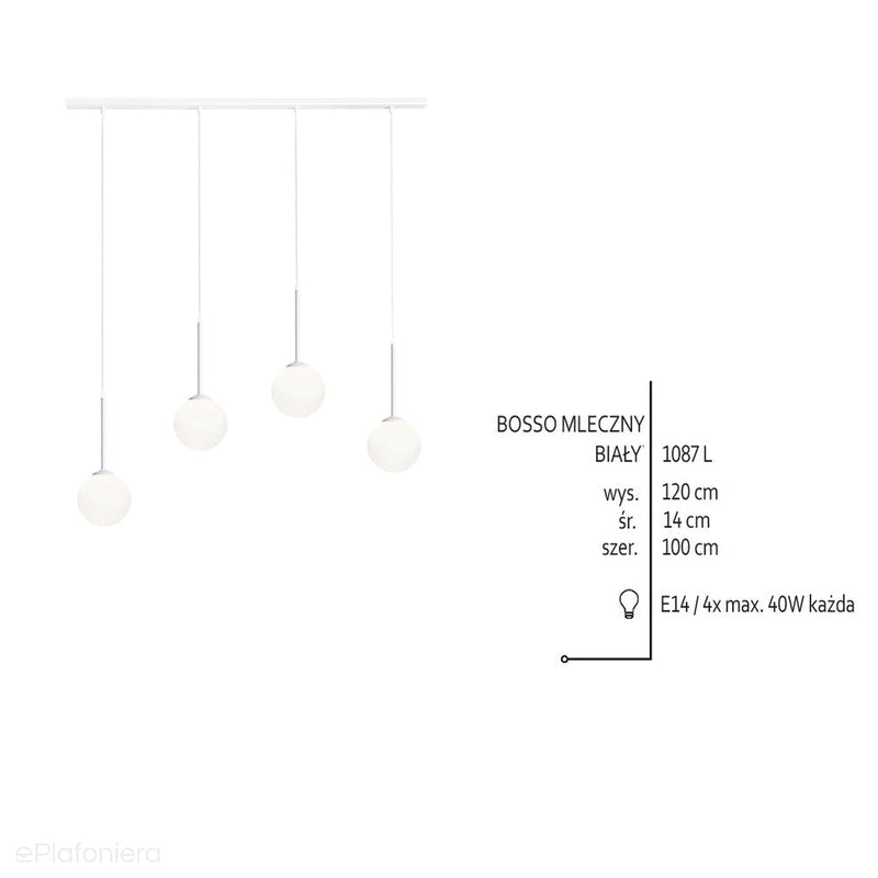 Lampa wisząca, zawiesie białe (4x14cm) cztery mleczne kule (4xE14) Aldex (Bosso) 1087L