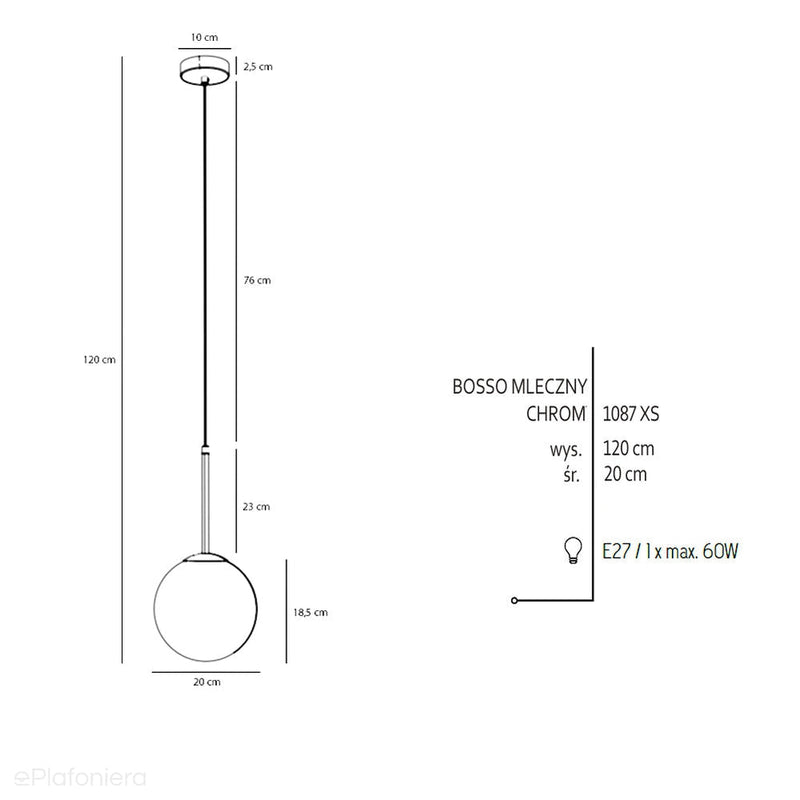 Lampa wisząca, zawiesie chrom (20cm) jedna mleczna kula (E27) Aldex (Bosso) 1087XS4