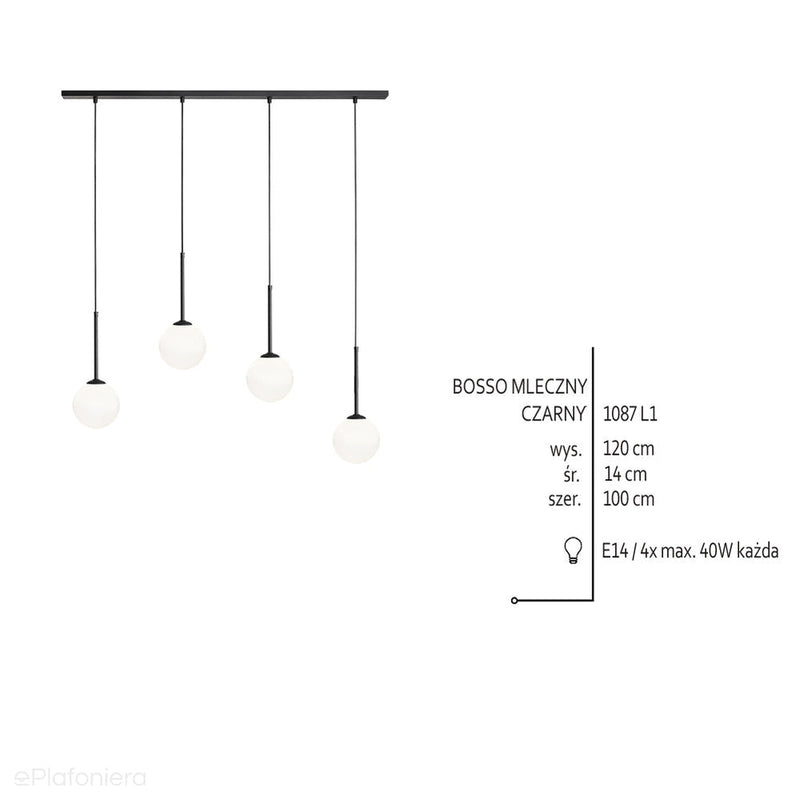 Lampa wisząca, zawiesie czarne (4x14cm) cztery mleczne kule (4xE14) Aldex (Bosso) 1087L1