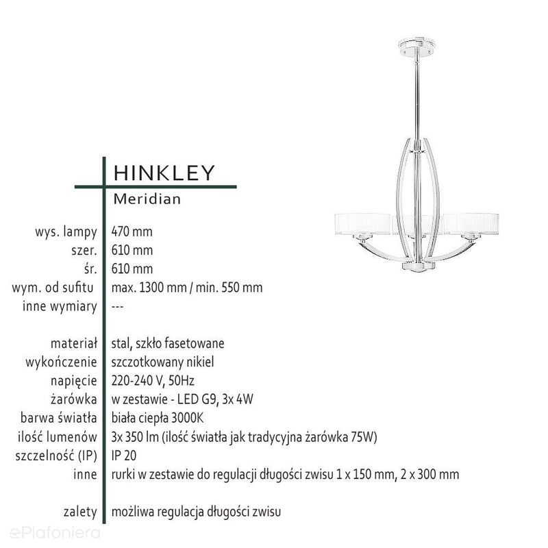 Lampa wisząca, żyrandol (60cm, nikiel) do kuchni salonu sypialni (G9 3x4W) Hinkley (Meridian)