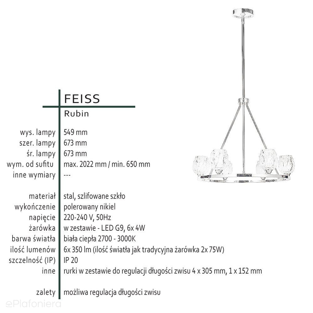 Lampa wisząca - żyrandol 67cm (szlifowane szkło, nikiel) do sypialni salonu kuchni (G9 6x4W) Feiss (Rubin)