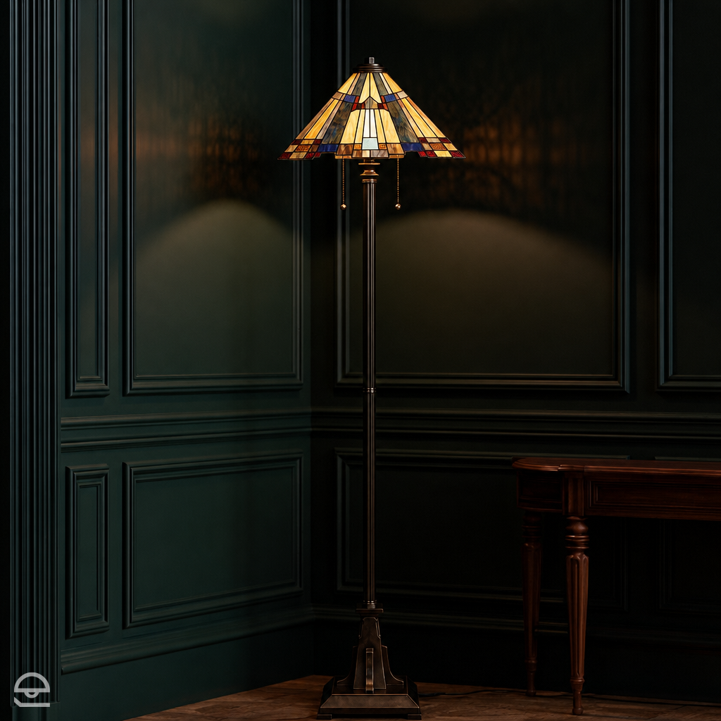 Lampa witrażowa podłogowa Tiffany, Inglenook, Quoizel