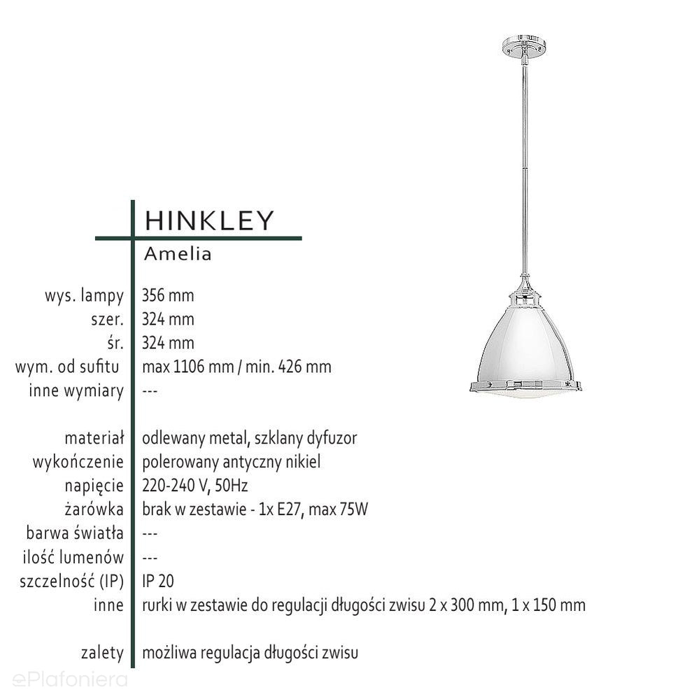 Lampa ze szklanym dyfuzorem 32cm - wisząca (antyczny nikiel) do kuchni salonu (1xE27) Hinkley (Amelia)
