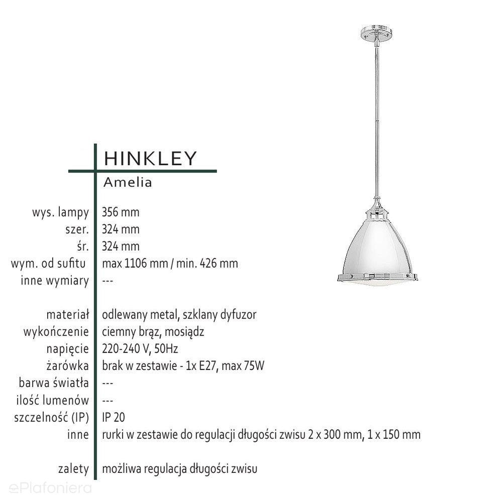 Lampa ze szklanym dyfuzorem 32cm - wisząca (ciemny brąz) do kuchni salonu (1xE27) Hinkley (Amelia)