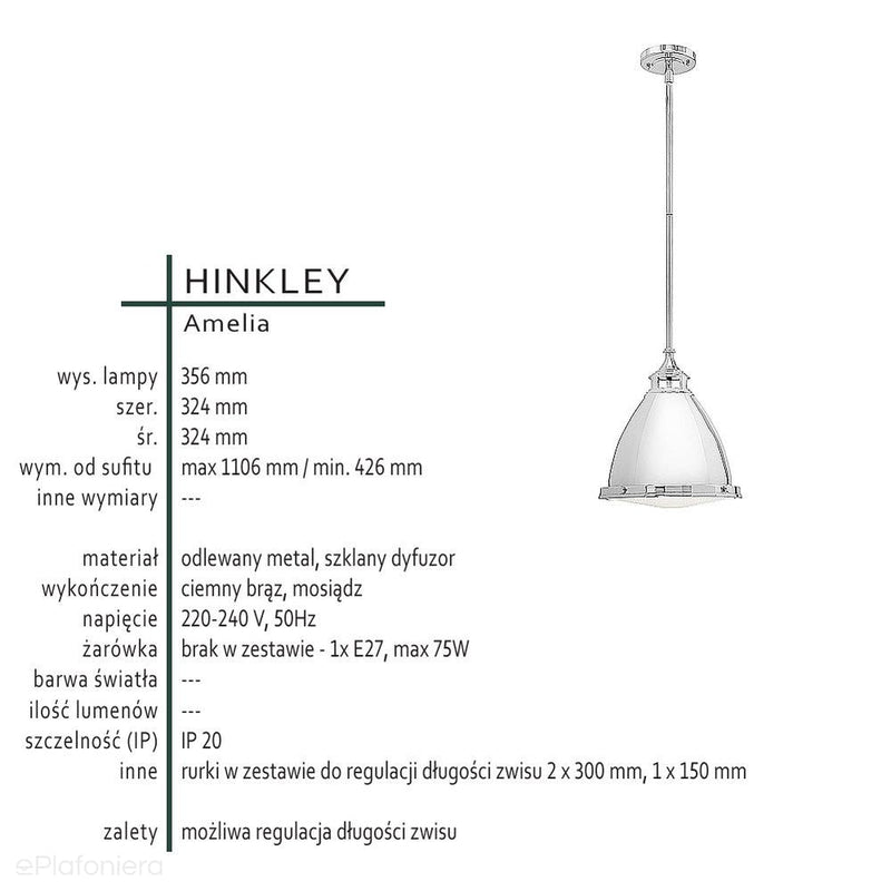 Lampa ze szklanym dyfuzorem 32cm - wisząca (ciemny brąz) do kuchni salonu (1xE27) Hinkley (Amelia)