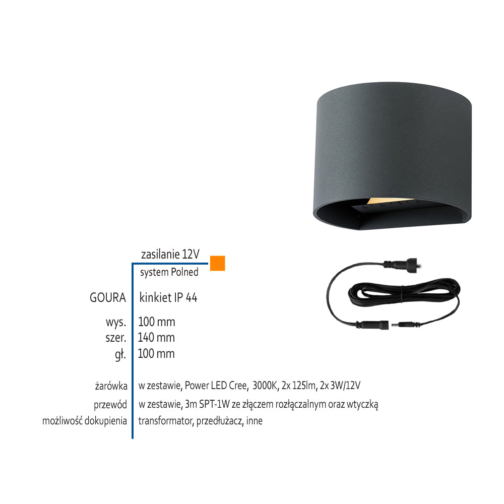 Lampa zewnętrzna - kinkiet, ogrodowy czarny IP 44 (2x3W, 3000K) (system 12V LED) Goura