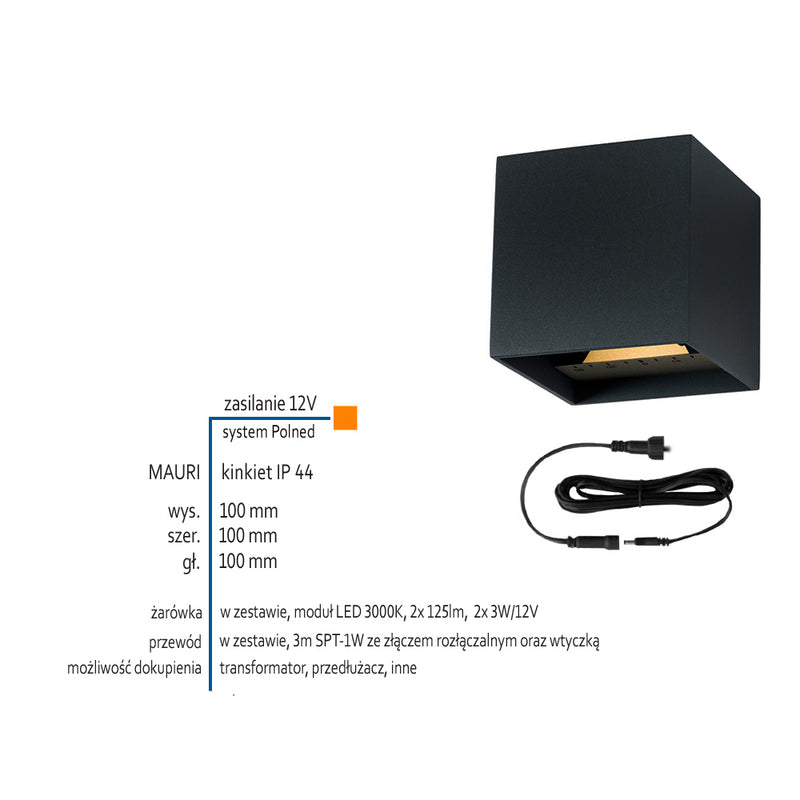 Lampa zewnętrzna - kinkiet, ogrodowy czarny IP 44 (2x3W, 3000K) (system 12V LED) Mauri