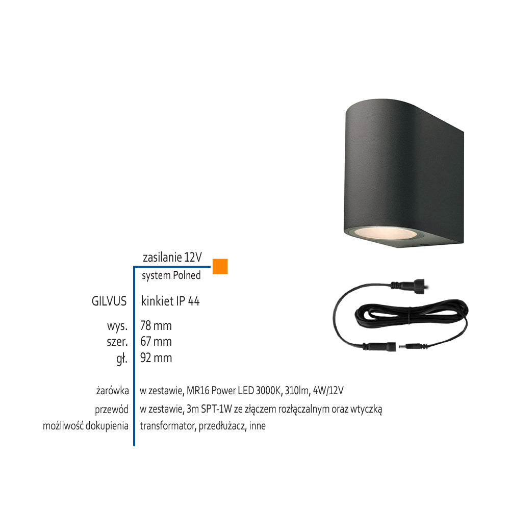 Lampa zewnętrzna - kinkiet, ogrodowy czarny IP 44 (4W, 3000K) (system 12V LED) Gilvus