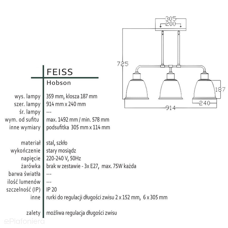 Lampa żyrandol metalowa - szklana (stary mosiądz) do kuchni salonu (3xE27) Feiss (Hobson)