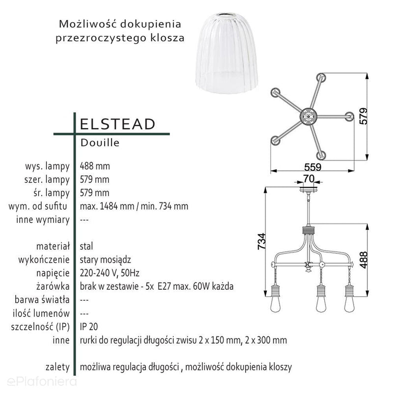 Lampa żyrandol - wisząca żarówka (mosiądz 5xE27) do sypialni salonu kuchni, Elstead (Douille)