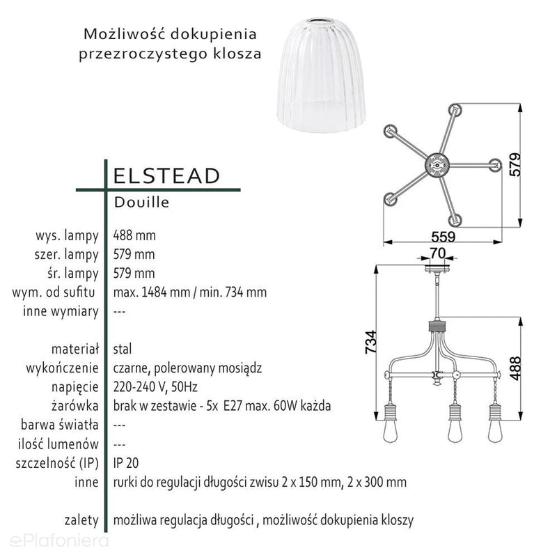 Lampa żyrandol - wisząca żarówka (mosiądz, czarny 5xE27) do sypialni salonu, kuchni Elstead (Douille)