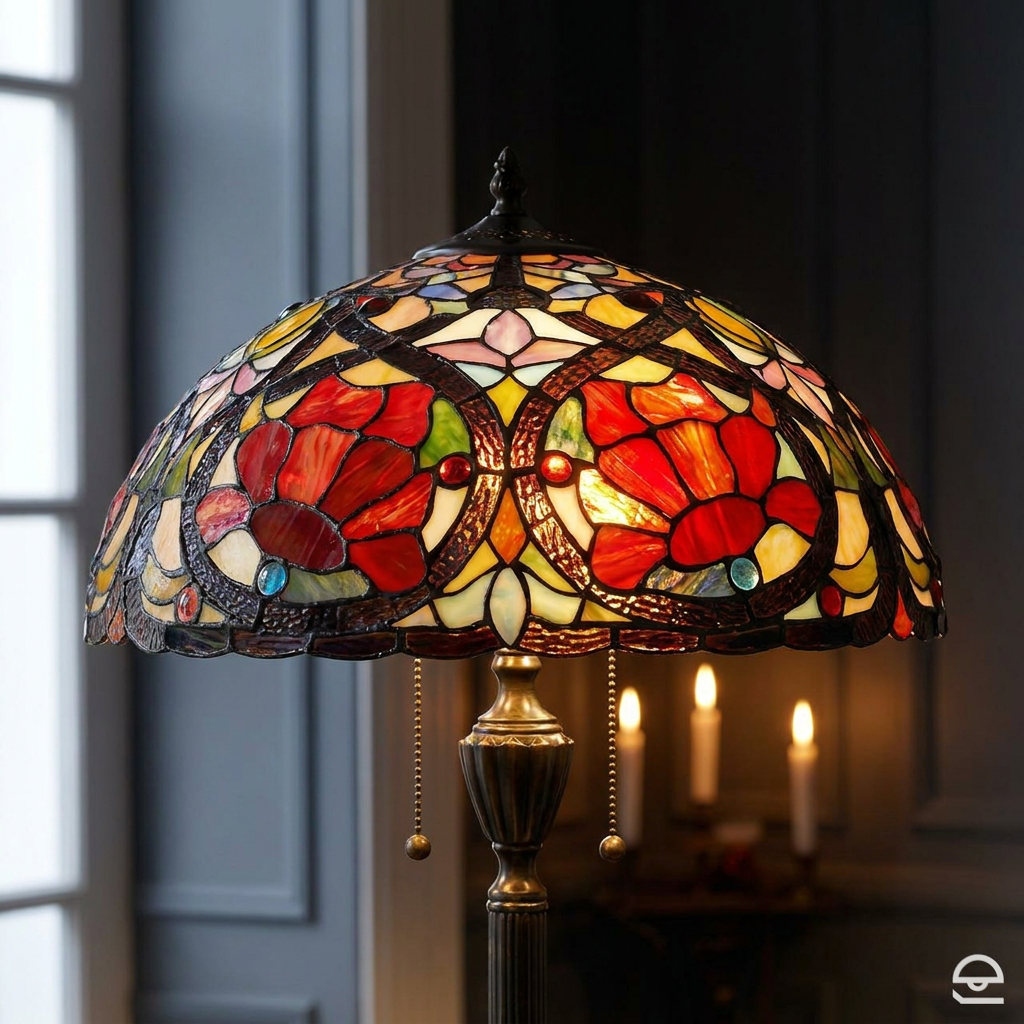 Larissa – witrażowa lampa podłogowa z secesyjnym kloszem, vintage brąz Ø46