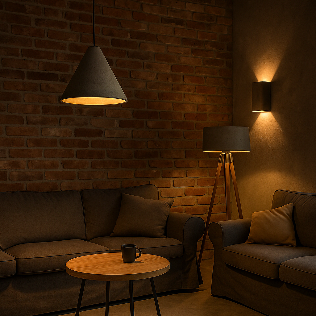 połączenie lamp betonowych we wnętrzu loftowym