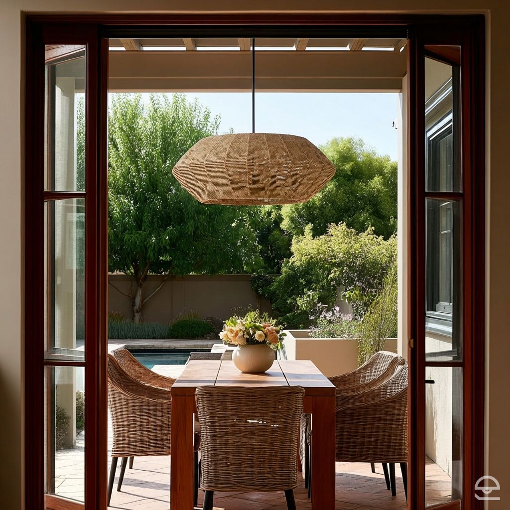 Luca – lampa wisząca z naturalnej plecionki, czarny i karmelowy beż Ø71