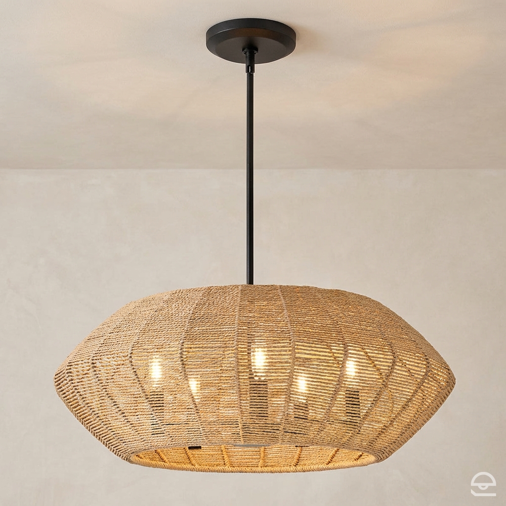 Luca – lampa wisząca z naturalnej plecionki, czarny i karmelowy beż Ø71